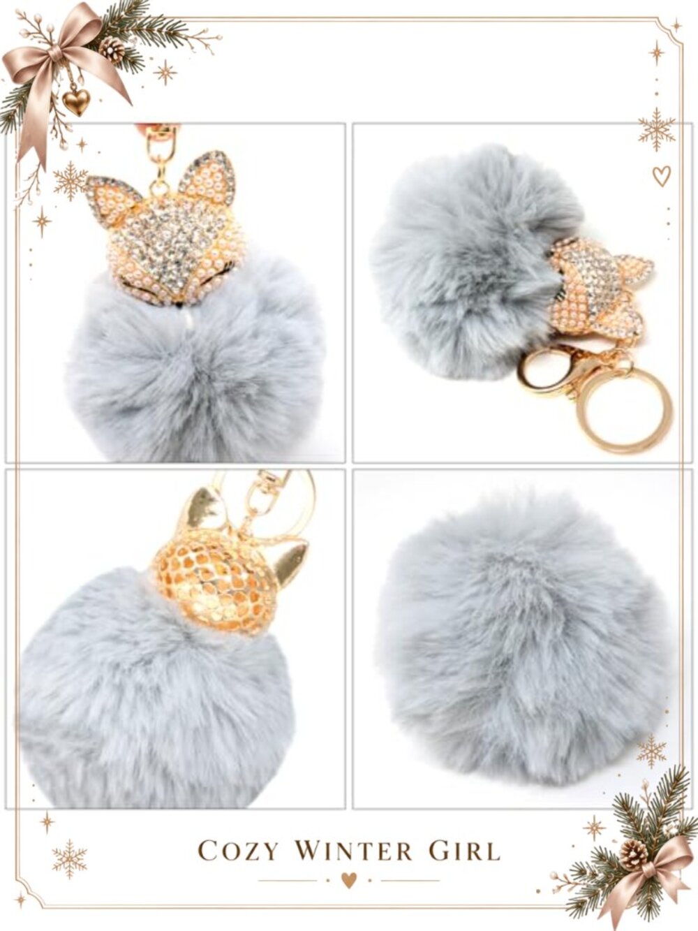 Faux Rabbit Fur Fox Head Keychain Rhinestone Sparkly Bag Charm - Picture 2 of 6
